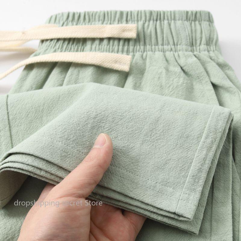 Linen Fabric Natural - Letnie, miętowo-zielone spodnie sportowe z czystej